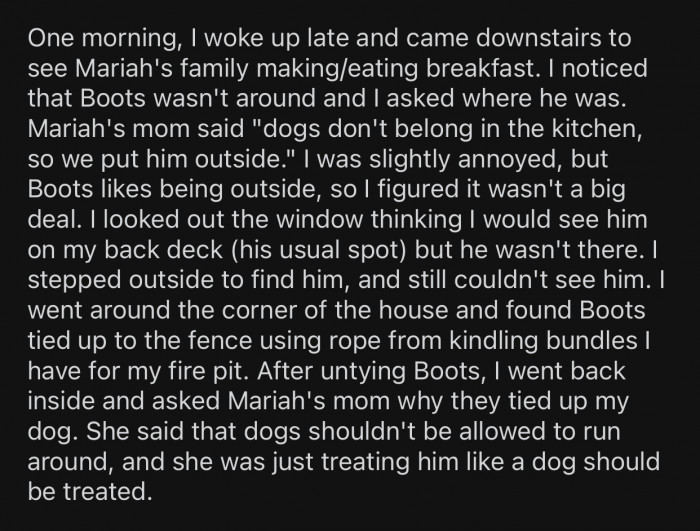 Man tells girlfriend's family to pack their things and GTFO after tying up his dog